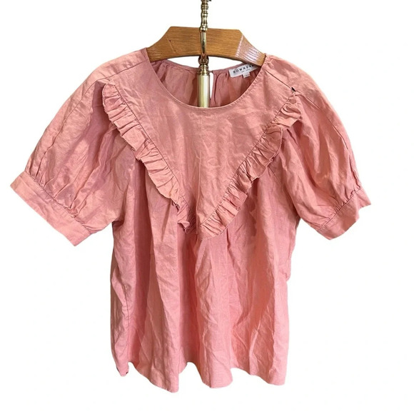 DownEast Tops - DOWNEAST ~ Peach Peasant Top with Ruffle Details and Puff Sleeves Linen Blend